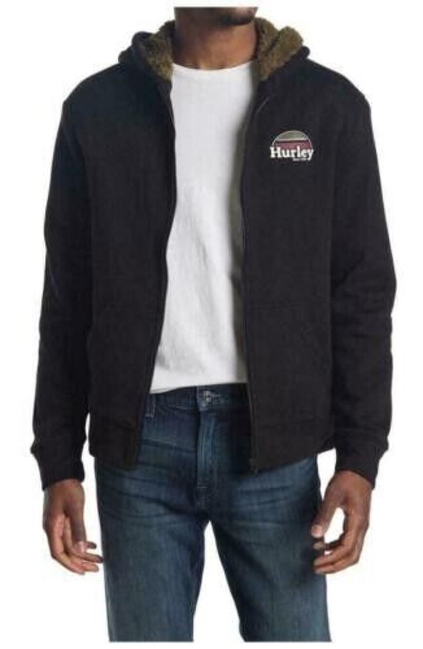 NEW Hurley Men's Black Rise & Jam CVC Fleece Sherpa Lined Zip Up Hoodie Size M